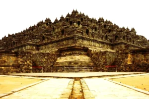 Ancient Borobudur Temple in Central Java, Indonesia, showcasing intricate Buddhist stone carvings and monumental architecture
