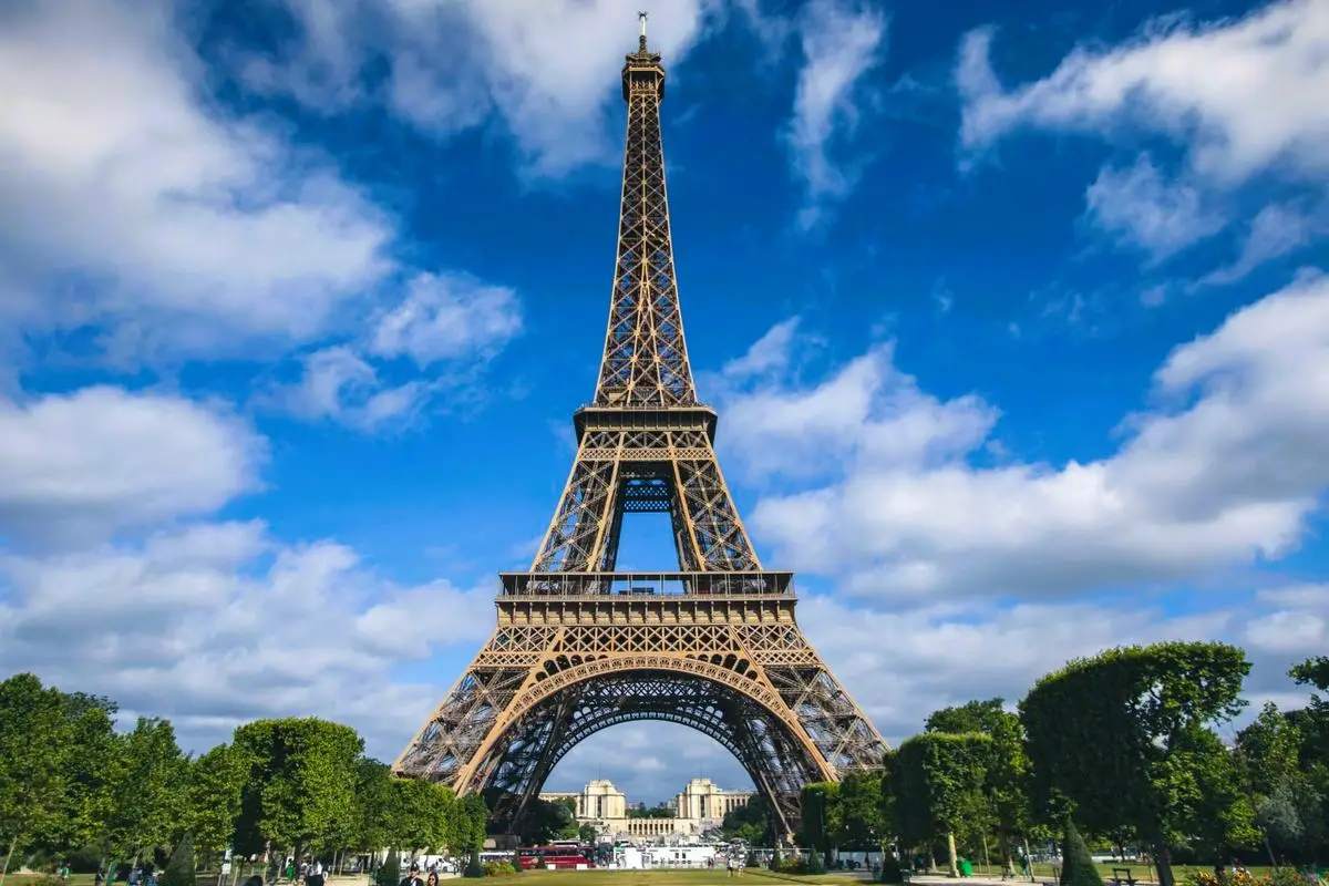 The Eiffel Tower in Paris under a blue sky